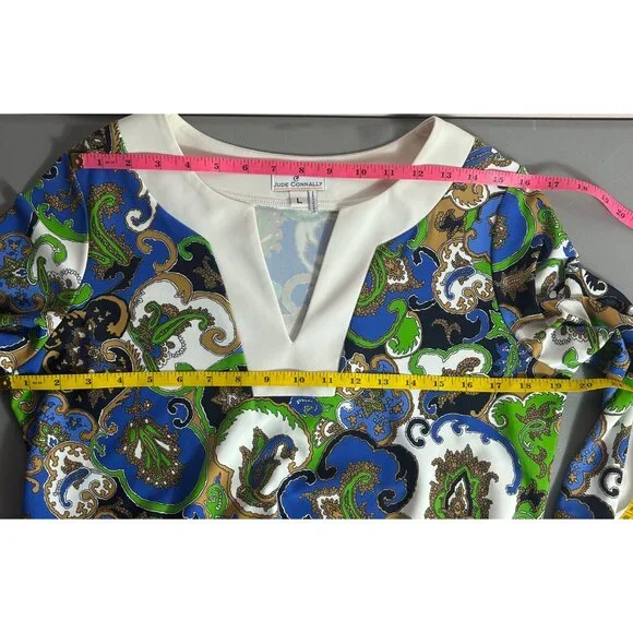 Jude Connally Sz L Dress Multicolor Paisley Print 3/4 Sleeves V-Neckline - Picture 6 of 7